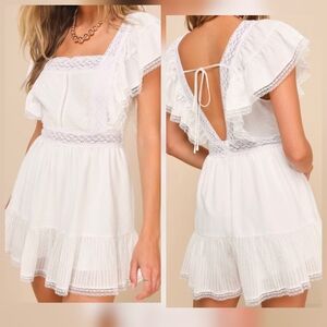 Lulus Flirty Sweetheart White Clip Dot Lace Flutter Sleeve Romper, Size Small